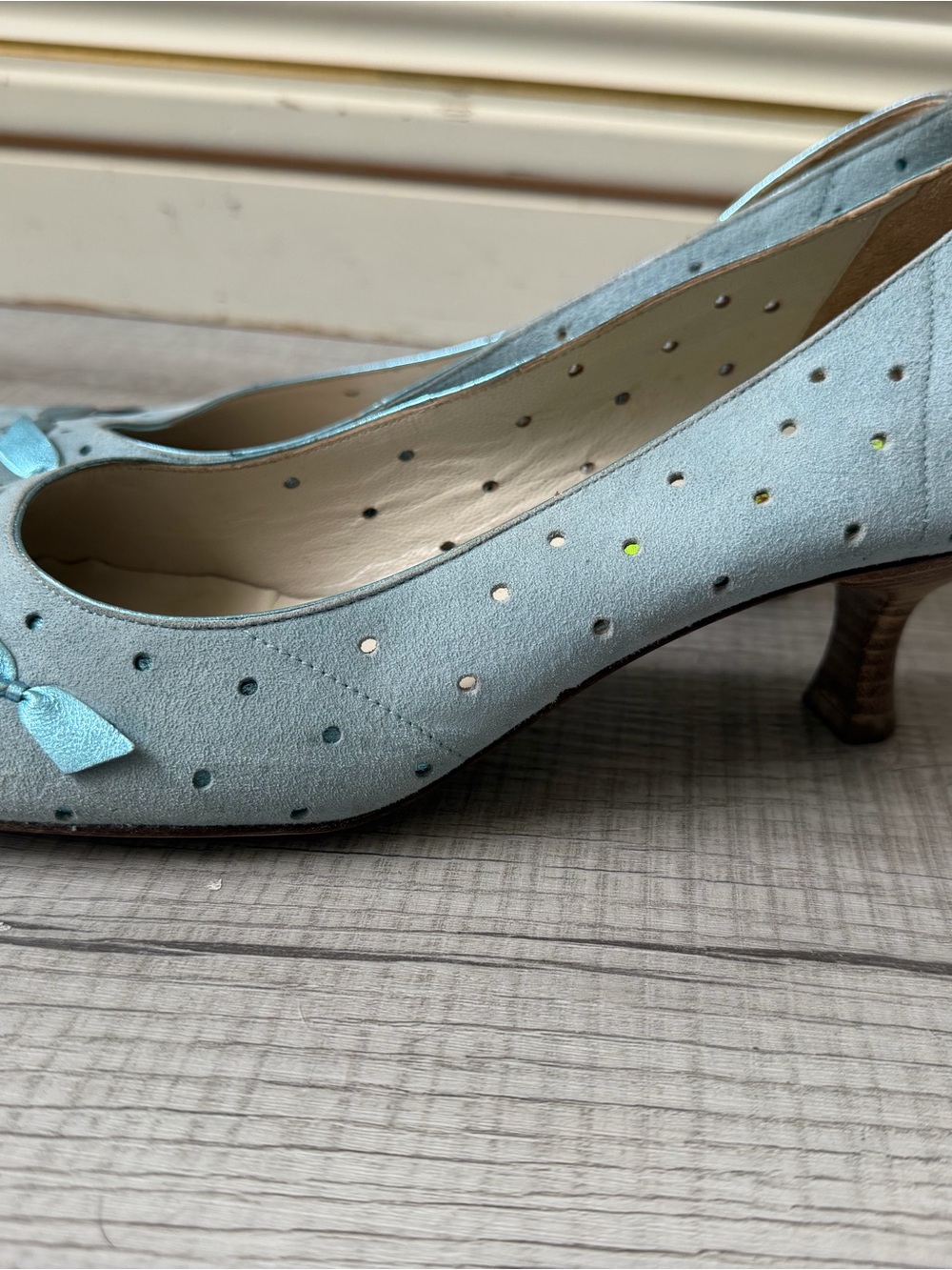 Materia Prima Classic Light Blue Suede kitten heels with Bows
